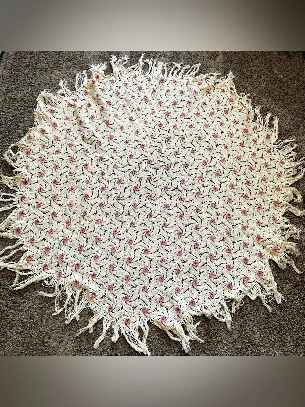 Vintage Hand Crochet Knit Round Throw Blanket or Table Cloth 54